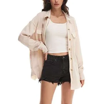 Nirovien Womens Waffle Knit Shacket Oversized Button Down Shirt Jacket Lightweight Spring Outfits Clothes(Beige,S)