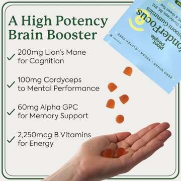 Plant People WonderFocus Mushroom Gummies with Lion’s Mane & Cordyceps - Nootropic Brain Supplement Boosts Memory, Focus, Energy & Mood in Adults | No Sugar, 100% Vegan, Citrus Flavor, 60 Count