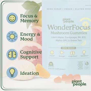 Plant People WonderFocus Mushroom Gummies with Lion’s Mane & Cordyceps - Nootropic Brain Supplement Boosts Memory, Focus, Energy & Mood in Adults | No Sugar, 100% Vegan, Citrus Flavor, 60 Count