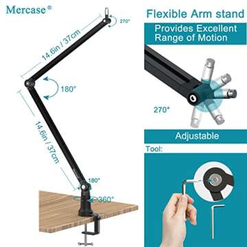 Mercase Boom Arm, Foldable Desktop Metal Mic Stand, Adjustable Scissor Microphone Arm Stand with Desk Mount Clamp, Hidden Cable Trough, 3/8" to 5/8" Adapter for Blue Yeti Snowball HyperX QuadCast