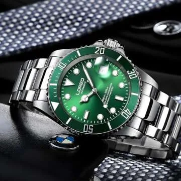 LOREO Mens Silver Stainless Steel Sapphire Glass Black Rotating Bezel Men's Automatic Watch (Green/S...