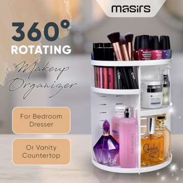 Masirs 360 Rotating Makeup Organizer - Adjustable Shelf Height and Fully Rotatable. The Perfect Cosm...