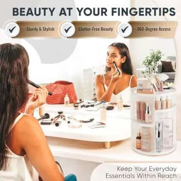 Masirs 360 Rotating Makeup Organizer - Adjustable Shelf Height and Fully Rotatable. The Perfect Cosmetic Organizer for Bedroom Dresser or Vanity Countertop. (White)