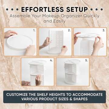 Masirs 360 Rotating Makeup Organizer - Adjustable Shelf Height and Fully Rotatable. The Perfect Cosmetic Organizer for Bedroom Dresser or Vanity Countertop. (White)