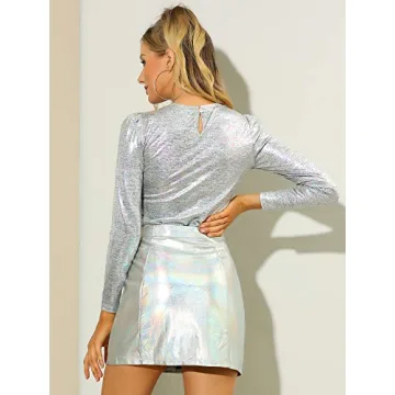 Allegra K Women's Long Sleeve Sparkly Metallic Top