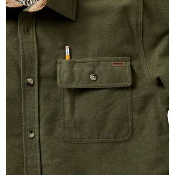 Legendary Whitetails Men's Standard Buck Camp Flannel, Long Sleeve Plaid Button Down Casual Shirt, Corduroy Cuffs, Army, Small