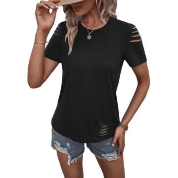 Eachyes Crew Neck Ripped Cut Out Tee for Women