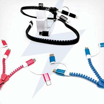 ZipChargii - Universal Zipping Charging Cord - Android & Apple 3-in-1 Charger Cable - Home, Car & Travel Use - Apple, Micro USB, USB-C Cables - Blue