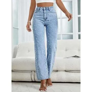 Kedera Women Pearls Beaded Flare Leg Jeans with Comfort