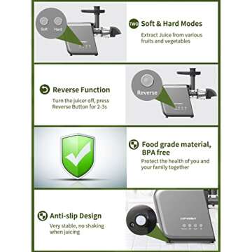 Masticating Slow Juicers for Leafy Greens Tomato Celery Carrot Wheatgrass, Cold Press Slow Juicer Machines Quiet Motor Easy Clean, Vegetable and Fruit Juice Extractor BPA-Free Dry Pulp Dishwasher Safe