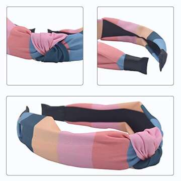 MHDGG Headband for Women,1Pcs Rainbow Knotted Striped Wide Bow Headbands Bandana Headband Hair Hoops Accessories Hair Hoops with Bow Cross Head Band Wrap,Pink