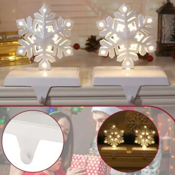 2 pcs Lighted Snowflake Christmas Stocking Holders for Mantel - LED Snowflake Stocking Holder Set - Christmas Stocking Hangers for Mantel - Metal Fireplace Hooks for Christmas Decorations