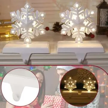 2 pcs Lighted Snowflake Christmas Stocking Holders for Mantel - LED Snowflake Stocking Holder Set - Christmas Stocking Hangers for Mantel - Metal Fireplace Hooks for Christmas Decorations
