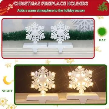 2 pcs Lighted Snowflake Christmas Stocking Holders for Mantel - LED Snowflake Stocking Holder Set - Christmas Stocking Hangers for Mantel - Metal Fireplace Hooks for Christmas Decorations