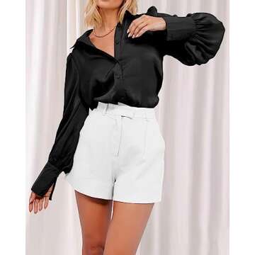BTFBM Women Satin Button Down Shirts Summer Fall Lantern Long Sleeve Lapel V Neck Blouse Loose Casual Office Work Tops(Solid Black, X-Large)