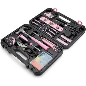 Amazon Basics 142-Piece Tool Kit in Pink - Organized and Ready