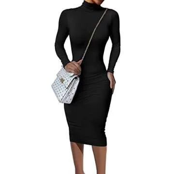 GOBLES Women's Sexy Long Sleeve Casual Bodycon Midi Elegant Cocktail Party Dress Black