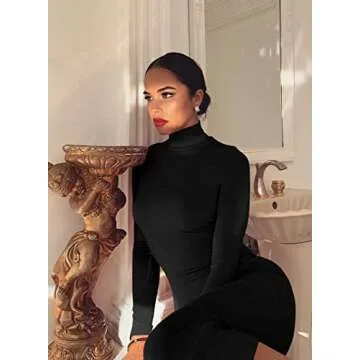 GOBLES Women's Sexy Long Sleeve Casual Bodycon Midi Elegant Cocktail Party Dress Black