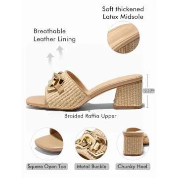Coutgo Womens Raffia Slide Sandals Chunky Block Heeled Square Open Toe Metal Chain Slip on Mules Dressy Shoes, Khaki, Size 8