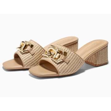 Coutgo Womens Raffia Slide Sandals Chunky Block Heeled Square Open Toe Metal Chain Slip on Mules Dressy Shoes, Khaki, Size 8