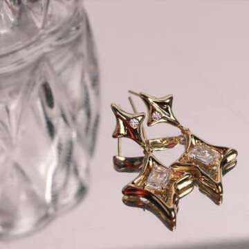 Sonateomber Gold Star Drop Dangle Earrings for Women Unique Sparkly Cubic Zirconia Rhinestone 4 Pointed Stars Dangling Hypoallergenic Stud Fashion Prom Jewelry Gift