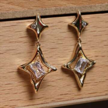 Sonateomber Gold Star Drop Dangle Earrings for Women Unique Sparkly Cubic Zirconia Rhinestone 4 Pointed Stars Dangling Hypoallergenic Stud Fashion Prom Jewelry Gift