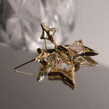 Sonateomber Gold Star Drop Dangle Earrings for Women Unique Sparkly Cubic Zirconia Rhinestone 4 Pointed Stars Dangling Hypoallergenic Stud Fashion Prom Jewelry Gift