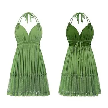 R.Vivimos Women's Halter Dress Deep V Neck Mini Dress