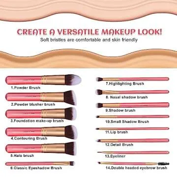 BS-MALL New 14 Pcs Makeup Brushes Premium Synthetic Kabuki Makeup Brush Set Cosmetics Foundation Blending Blush Eyeliner Face Powder Brush Makeup Brush Kit(golden Pink)