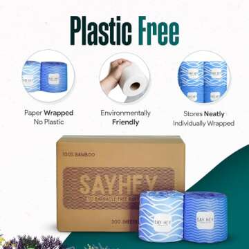Say Hey Bamboo Toilet Paper | For Boats & RVs - Eco-Friendly & Biodegradable | Holding Tank Safe, Septic Safe, Rapid Dissolve | Pack of 12 | 2-PLY | Plastic- Free Packaging | Individually Wrapped