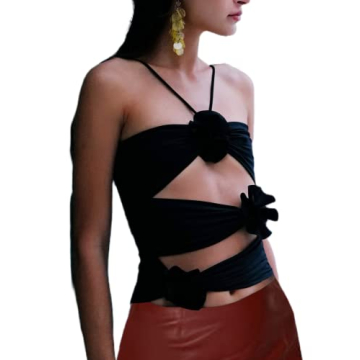 KMBANGI Floral Sexy Tank Top Women Y2k Ruffles Frill Halter Crop Tops Sleeveless Off Shoulder Backle...