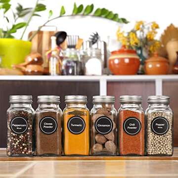 AOZITA 24 Pcs Glass Spice Jars/Bottles - 6oz Empty Square Spice Containers with Spice Labels - Shaker Lids and Airtight Metal Caps - Silicone Collapsible Funnel Included