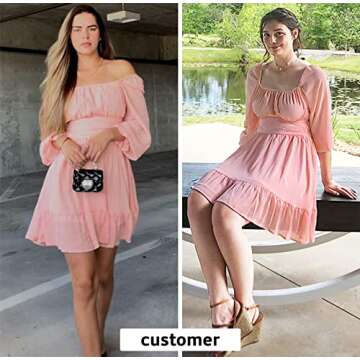 EXLURA Women's 2024 Casual Long Lantern Sleeve Dresses Square Neck Ruffle Tie Back Elastic Waist Aline Short Mini Dress Pink