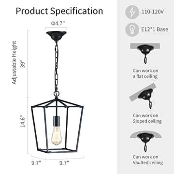ANJIADENGSHI Vintage Lantern Pendant Light Lantern Iron 1 E26 Bulbs Farmhouse Black Chandelier Metal Cage Pendant Light for Kitchen Island Entryway Dining Room Hallway(Bulbs Not Included)