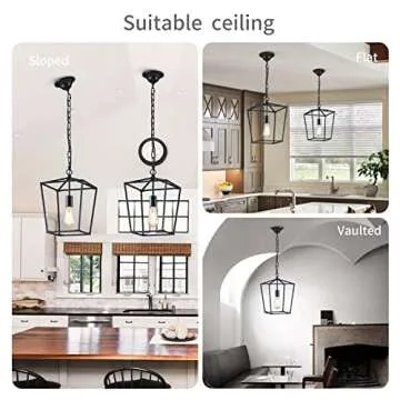 ANJIADENGSHI Vintage Lantern Pendant Light Lantern Iron 1 E26 Bulbs Farmhouse Black Chandelier Metal Cage Pendant Light for Kitchen Island Entryway Dining Room Hallway(Bulbs Not Included)