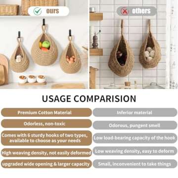 Boho Wall Hanging Fruit Baskets for Kitchen 3 Pack Woven Produce Holder with 6 Pcs Strong Hooks Vegetable Hanging Basket for Organizing Teardrop Home Wall Potato Onion Storage, Linen