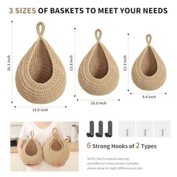 Boho Wall Hanging Fruit Baskets for Kitchen 3 Pack Woven Produce Holder with 6 Pcs Strong Hooks Vegetable Hanging Basket for Organizing Teardrop Home Wall Potato Onion Storage, Linen