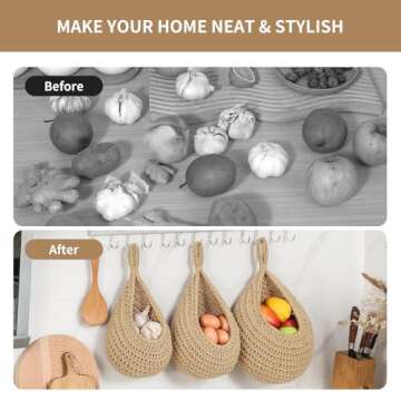 Boho Wall Hanging Fruit Baskets for Kitchen 3 Pack Woven Produce Holder with 6 Pcs Strong Hooks Vegetable Hanging Basket for Organizing Teardrop Home Wall Potato Onion Storage, Linen