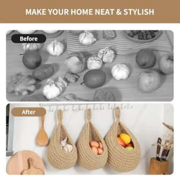 Boho Wall Hanging Fruit Baskets for Kitchen 3 Pack Woven Produce Holder with 6 Pcs Strong Hooks Vegetable Hanging Basket for Organizing Teardrop Home Wall Potato Onion Storage, Linen