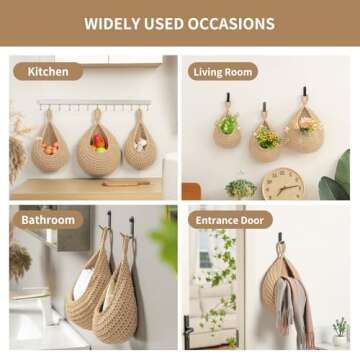 Boho Wall Hanging Fruit Baskets for Kitchen 3 Pack Woven Produce Holder with 6 Pcs Strong Hooks Vegetable Hanging Basket for Organizing Teardrop Home Wall Potato Onion Storage, Linen