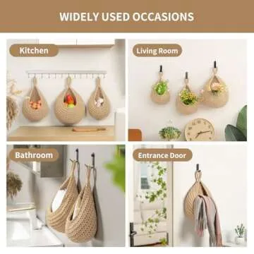 Boho Wall Hanging Fruit Baskets for Kitchen 3 Pack Woven Produce Holder with 6 Pcs Strong Hooks Vegetable Hanging Basket for Organizing Teardrop Home Wall Potato Onion Storage, Linen