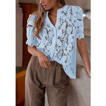 PRETTYGARDEN Womens Summer Lace Tops Short Puff Sleeve Casual Dressy Blouses Eyelet Crew Neck Button Down Shirts (Light Blue,X-Large)
