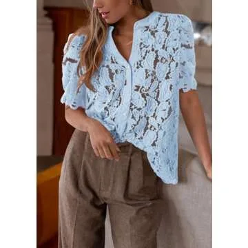 PRETTYGARDEN Womens Summer Lace Tops Short Puff Sleeve Casual Dressy Blouses Eyelet Crew Neck Button Down Shirts (Light Blue,X-Large)