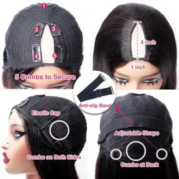 Legendhair 18Inch Glueless V Part Wig Human Hair Straight Brazilian Virgin Human Hair Wigs for Black Women Upgrade U Part Human Hair Wig Full Head Clip In Half Wig No Leave Out U Part Wig 180% Density