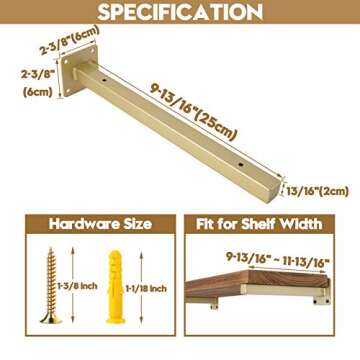 AddGrace 4 Pack Shelf Brackets Wall Mounted Gold Shelf Brackets Heavy Duty Metal Rustic Floating She...