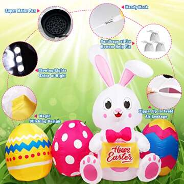 GUDELAK 6 FT Easter Inflatables Outdoor Decorations, Inflatable Easter Bunny and Colorful Eggs Build-in 5 LEDs, Happy Easter Blow Up Yard Decorations for The Home Holiday Party, Outdoor, Lawn, Garden