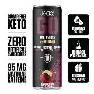 Jocko GO Energy Drink - KETO, Vitamin B12, Vitamin B6, Electrolytes, L Theanine, Magnesium- All Natural Energy Boost, Sugar Free Nootropic Monk Fruit Blend - 12 Pack (Black Cherry Vanilla)