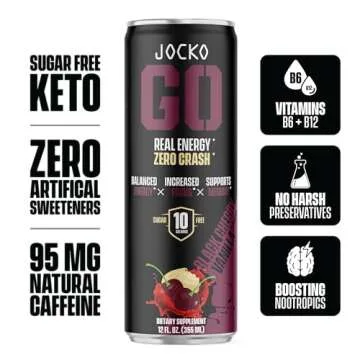 Jocko GO Energy Drink - KETO, Vitamin B12, Vitamin B6, Electrolytes, L Theanine, Magnesium- All Natural Energy Boost, Sugar Free Nootropic Monk Fruit Blend - 12 Pack (Black Cherry Vanilla)