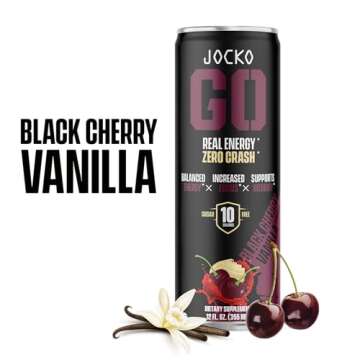 Jocko GO Energy Drink - KETO, Vitamin B12, Vitamin B6, Electrolytes, L Theanine, Magnesium- All Natural Energy Boost, Sugar Free Nootropic Monk Fruit Blend - 12 Pack (Black Cherry Vanilla)
