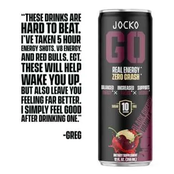 Jocko GO Energy Drink - KETO, Vitamin B12, Vitamin B6, Electrolytes, L Theanine, Magnesium- All Natural Energy Boost, Sugar Free Nootropic Monk Fruit Blend - 12 Pack (Black Cherry Vanilla)